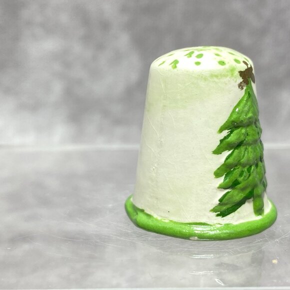 Hand-Painted Wooden Thimble With Green Christmas Tree Design & Polka Dot Top - Picture 7 of 9